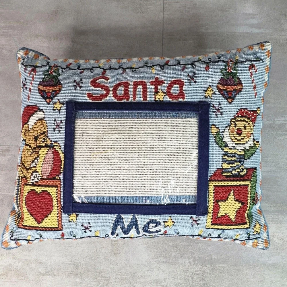 3 Santa's Christmas tapestry pillows Teddy Bear Elf clear picture Pocket 4x6 Vtg